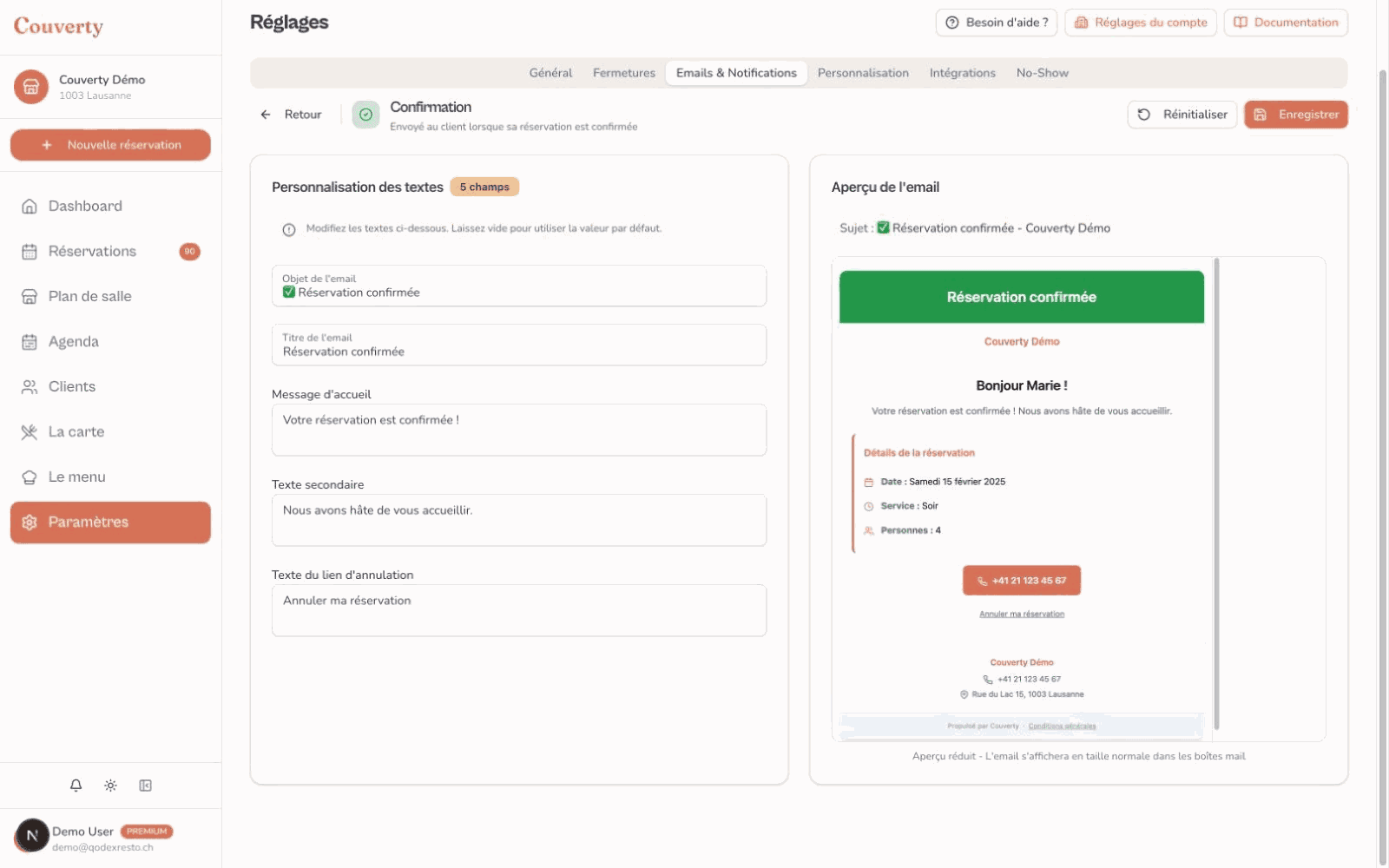 Éditeur des textes et du branding des emails Couverty
