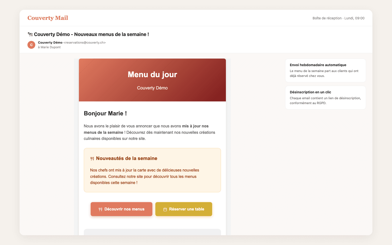 Email du menu de la semaine envoyé automatiquement aux clients abonnés