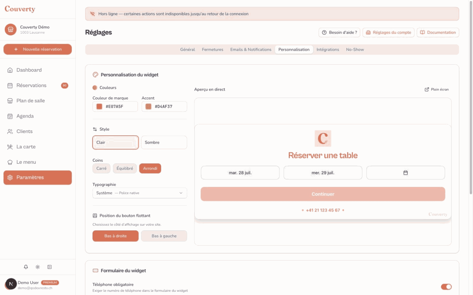 Panneau de personnalisation du widget