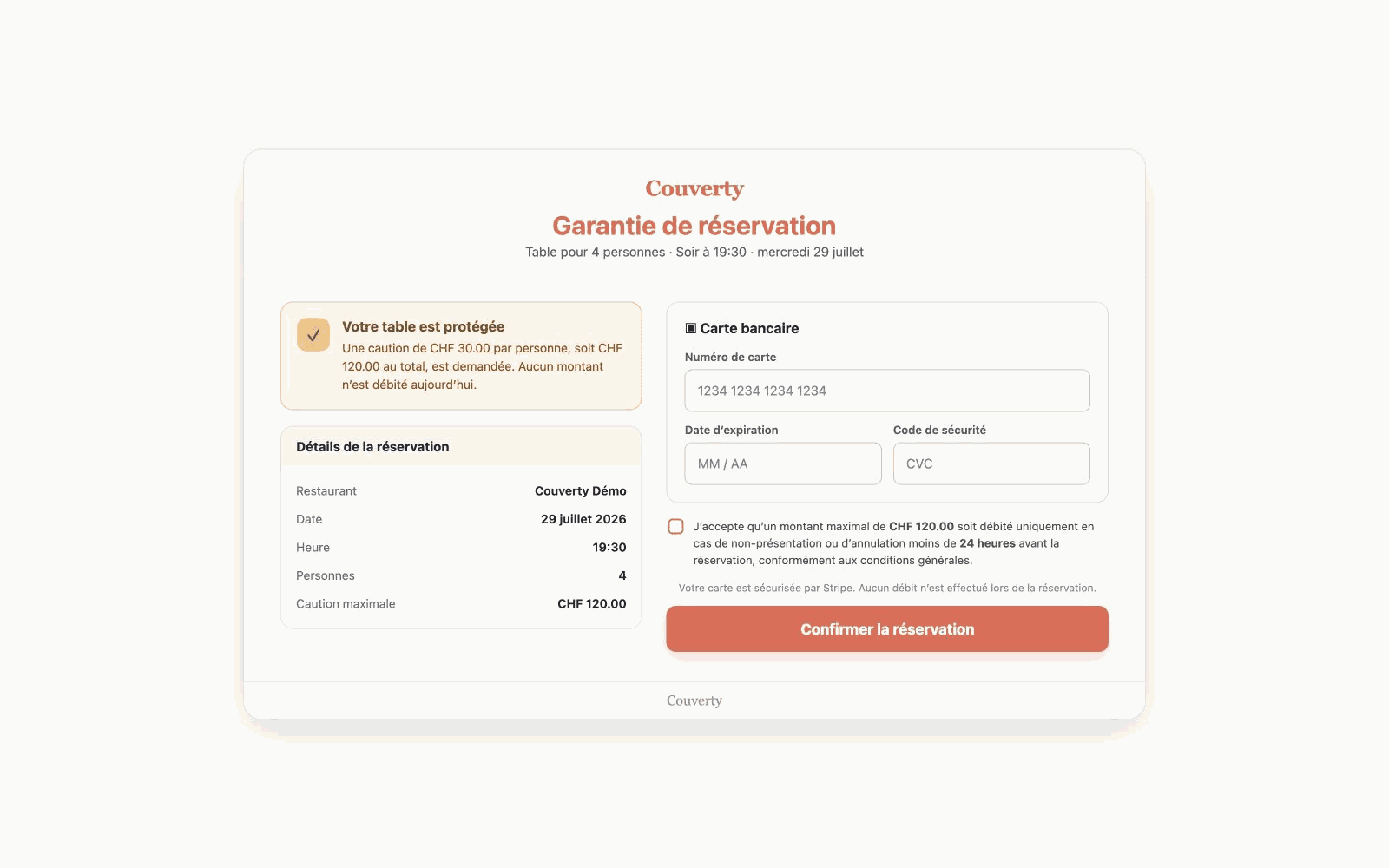 Écran de confirmation avec enregistrement de carte et consentement horodaté