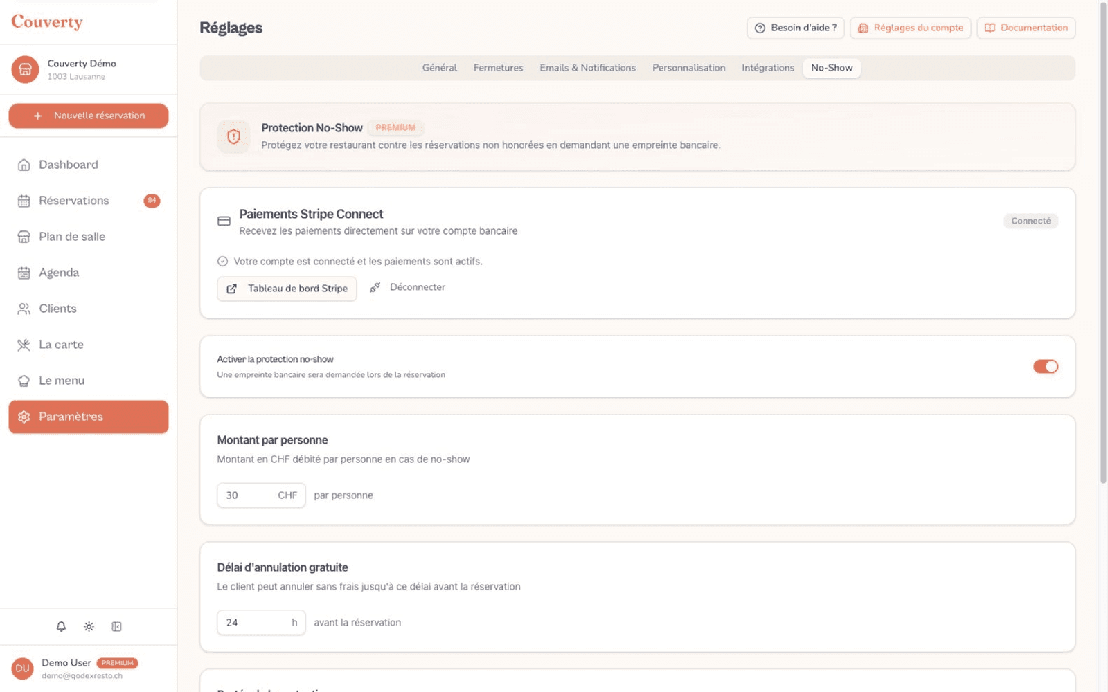 Écran de réglages de la protection no-show dans Couverty