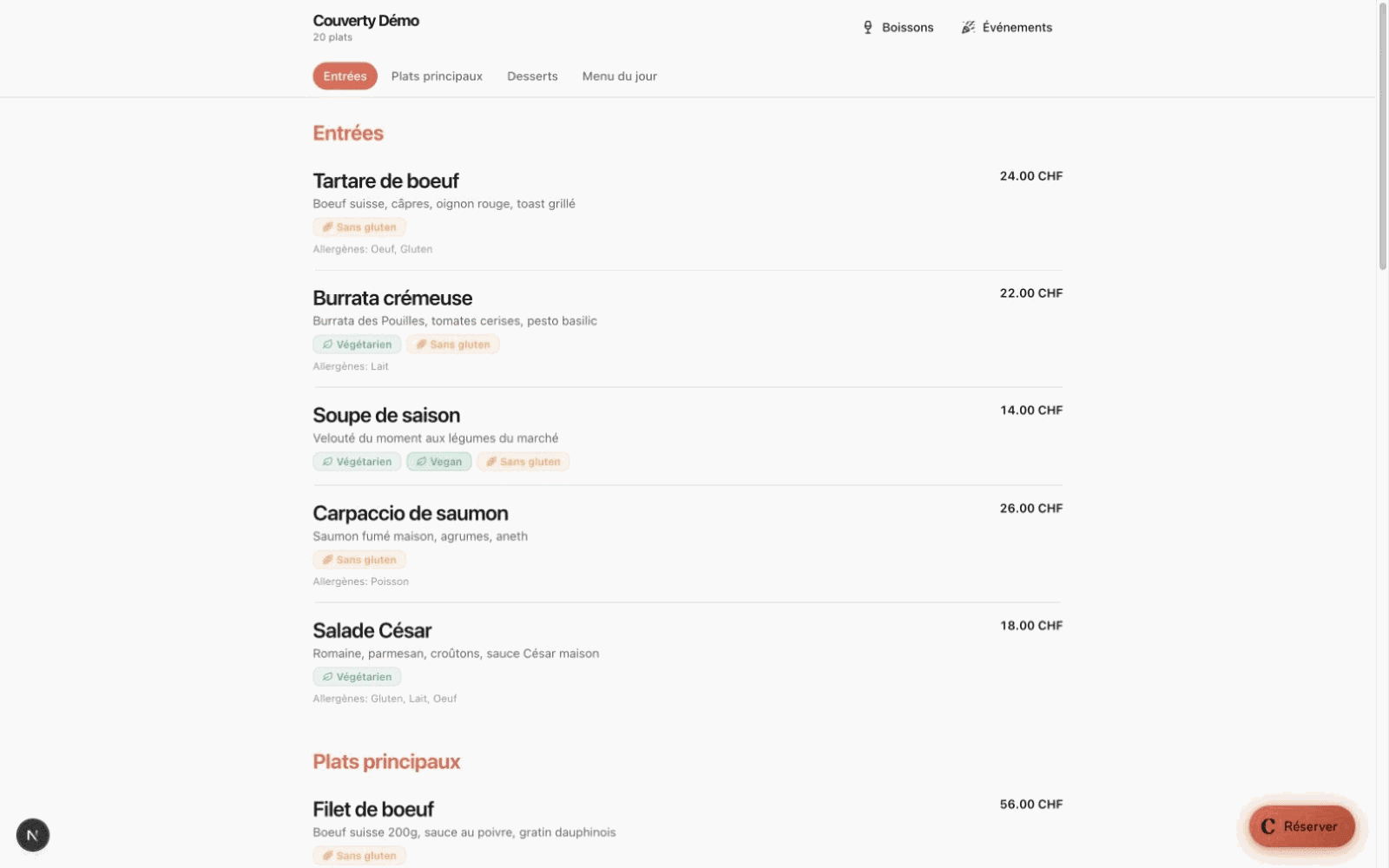 Page menu publique du restaurant, à jour en temps réel