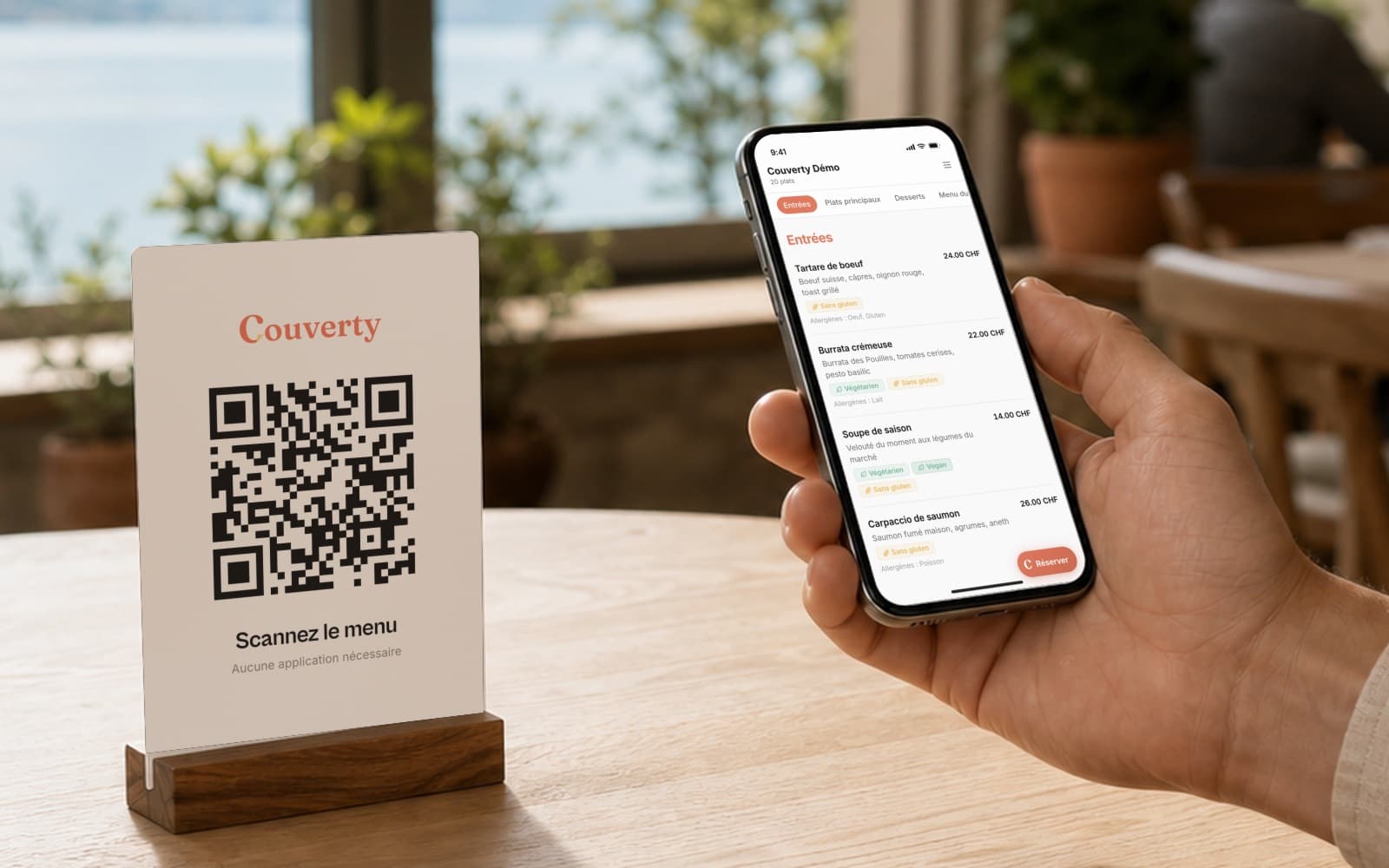 QR code du menu Couverty sur une table de restaurant
