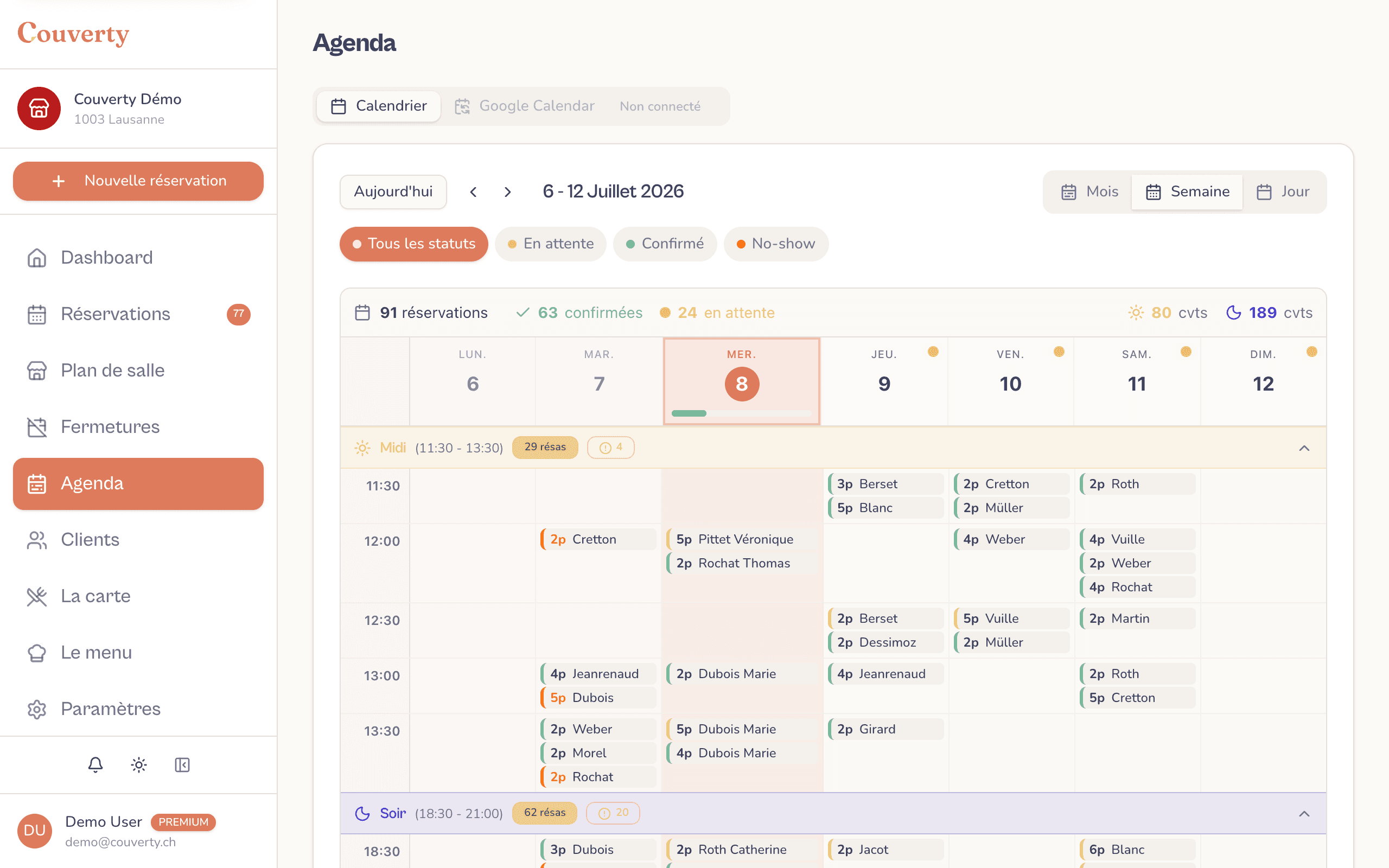 Agenda des réservations Couverty