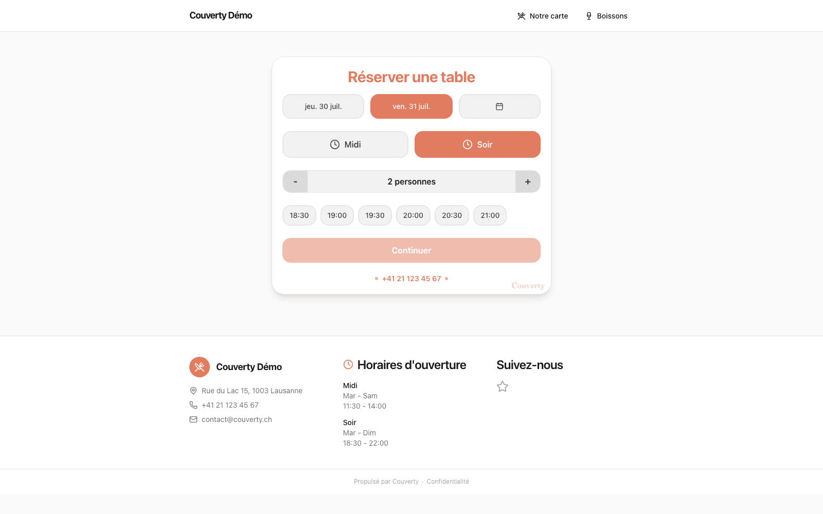 Widget de réservation Couverty sur un site de restaurant